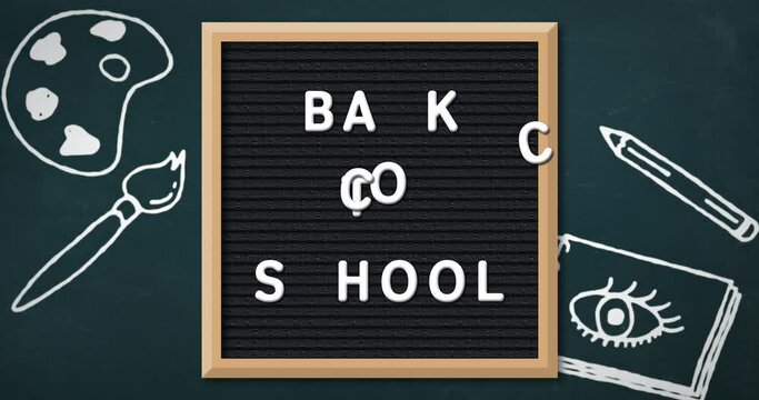 Painting concept icons against back to school text on blackboard
