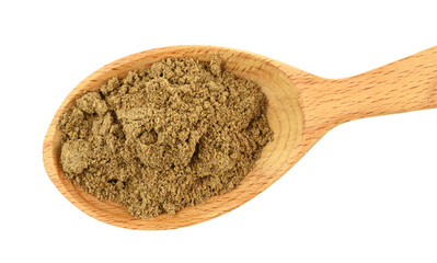 Ground Milk Thistle Seed Herb (Silybum Marianum Powder) Isolated on White Background.