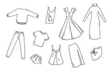 Doodle set of women's clothing. Vector illustration by hand. Isolated from background