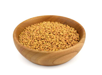 Fenugreek Seed (Methi Dana) Culinary Herb Spice in a Bowl. Isolated on White Background.