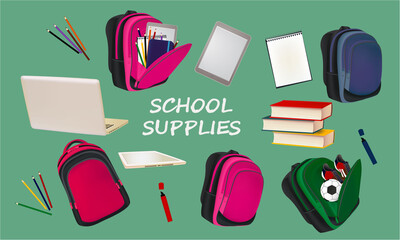 School supplies banner with school bag, pencils, books. Back to school