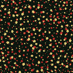 Fototapeta na wymiar Vector seamless pattern with small pretty red and yellow flowers on black backdrop. Liberty style millefleurs. Simple floral background. Elegant ditsy ornament. Repeat design for decor, wallpapers