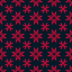 Simple vector floral geometric seamless pattern. Abstract texture with stylized flowers, crosses, stars. Ethnic style ornament. Background in red and black color. Repeat design for decor, wrapping