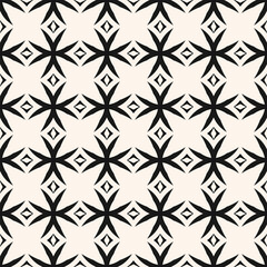 Fototapeta premium Monochrome vector seamless pattern. Simple black and white geometric ornament texture with crosses, diamonds, grid, lattice. Gothic style background. Repeat design for decor, fabric, wallpapers, print