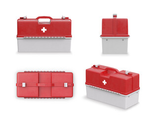 Set of red and white medical closed plastic suitcases with medicines for doctors. Home medicine chest. First aid kit. 3D render front view, side view, top view.