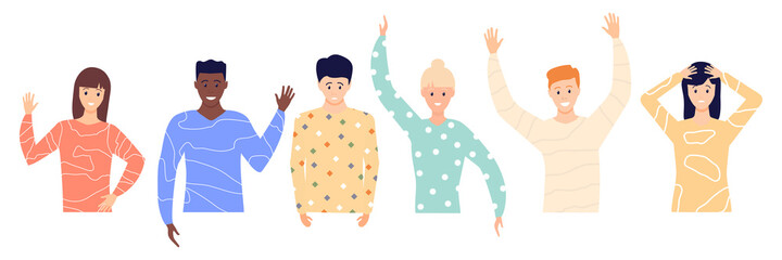 Young multicultural girls and boys with different emotions set. Happy and sad male and female flat character. Group of multicultural coworkers vector illustration isolated on white background. 