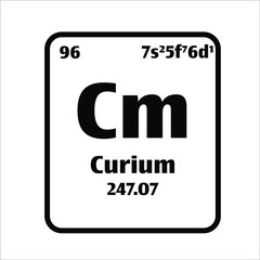 Curium (Cm) button on black and white background on the periodic table of elements with atomic number or a chemistry science concept or experiment.	