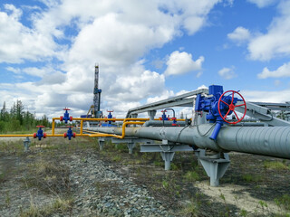 Pipeline manifold of gas wells of producing gas wells in the northern field. High pressure gate...