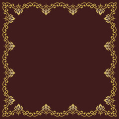 Fototapeta na wymiar Classic vector square golden frame with arabesques and orient elements. Abstract brown and golden ornament with place for text. Vintage pattern