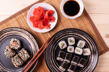 traditional asian rice fish rolls, top view shot
