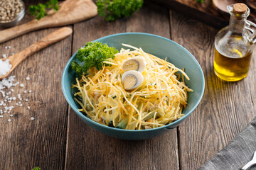 Russian salad wood grouse nest with potato chips