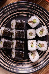 traditional asian rice fish rolls, top view shot