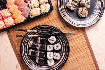 traditional asian rice fish rolls, top view shot