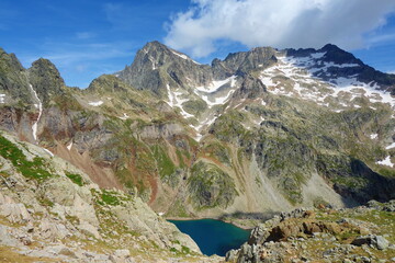 Arriel lake (Íbon de Arriel) from Palas mountain in Pyrenees mountains, border between France and...