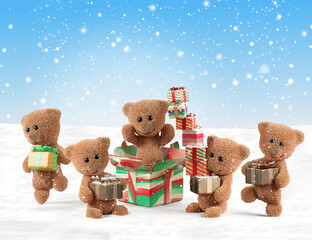 concept of Christmas. cute teddy bears are happy. Christmas present design 3d-illustration
