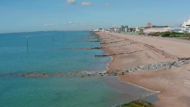 Aerial view from Felpham towards Bognor Regis with scenic views of the coastline on a beautiful summer day.