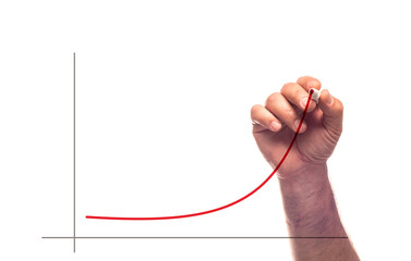 A hand drawing a line chart in upward trend with red marker with an illusion of writing on glass.