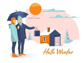 Fototapeta na wymiar Young beautiful couple with umbrella on snowy street at day.Vector flat style illustration