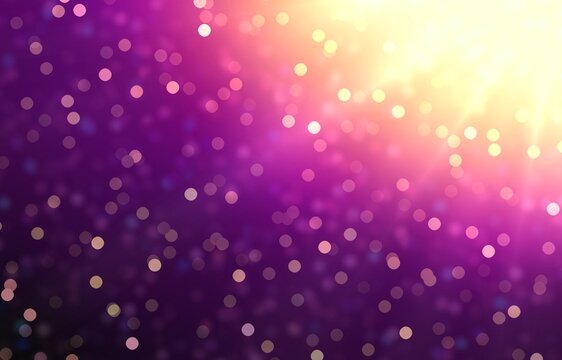 Purple Shine Decorated Golden Bokeh Pattern. Magical Holiday Background.