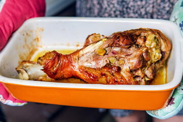 Grilled turkey leg in barbecue. Roasted turkey drumstick selective focus