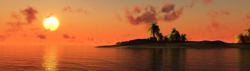 Fototapeta na wymiar Beautiful sea sunset on a tropical island with palm trees, 3D rendering