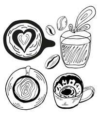 Cup of coffee black outline vector illustration. Cute mugs set with beans. Doodle sketch for coffee day cards, beverage, design and packaging materials.