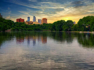 An agreeable sunset scene of the Minneapolis skyline taken near the University of Minnesota campus...