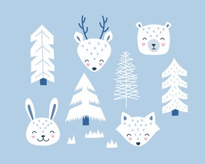 Set of forest animals, fox, bear, deer, hare in the Scandinavian style. Vector isolated illustration on blue background.