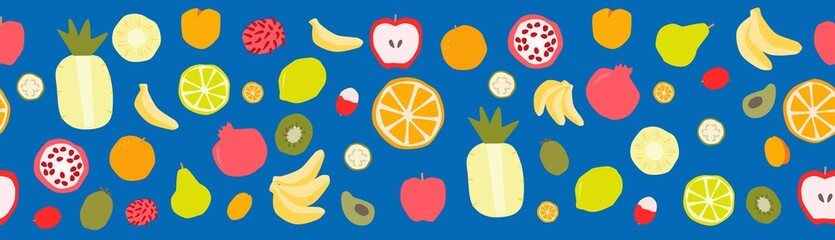 Colorful fruit seamless border for table runner or towel with exotic and traditional food on blue background. Banana, lychee, citrus, feijoa, kiwi vector clipart.