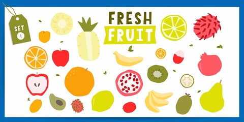 Fresh fruit vector clipart collection, set 1. Traditional apple, pear, half of a citrus, avocado, exotic kumquat, feijoa, guavasteen, kiwi, rambutan, lychee pieled and green price tag with a twine. 