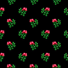 Seamless watercolor pattern with pink red forest berries cowberry brunch and green leaves on black background. Hand drawn vintage fashion print for design textile, fabric, wrapping paper, scrapbooking