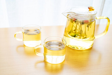 Herbal health tea brewed on the table