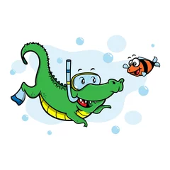 Fotobehang Alligator snorkeling at the sea and find a clown fish good for preschool kids illustration cartoon vector © taggtoon