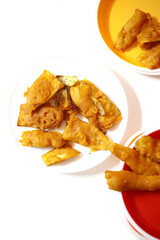 South Indian Potato Snack, Vazhakkai Bajji served on white background