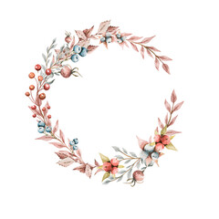 Hand drawing watercolor autumn floral wreath of berries, acorns, mushrooms, flowers, leaves. illustration isolated on white