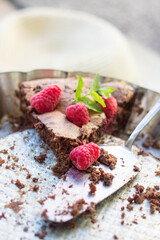 a piece of homemade tasty brownie with organic raspberries and mint - summer time