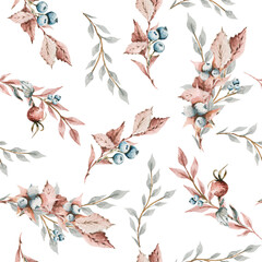 Hand drawing watercolor winter floral pattern of berries, flowers, leaves and branches. illustration isolated on white. Perfectfor fabric, scrapbooking, wedding invitation
