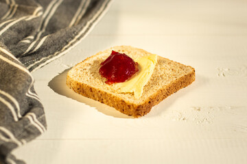coffee and bread with batter on the white background, breakfast in the nature, grey and white kitchen, Scandinavian Design