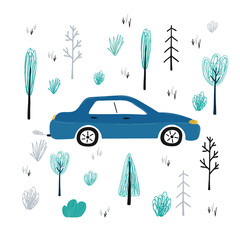 Children's posters with car in cartoon style. Cute illustrations for children's room design, postcards, prints for clothes. Vector