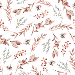 Hand drawing watercolor winter pattern of  berries, flowers, leaves and branches. illustration isolated on white. Perfect for fabric, scrapbooking, wedding invitation