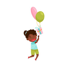 Cute African American Girl Character Catching Gift Box with Balloons Vector Illustration