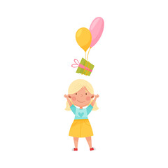 Cute Girl Character Catching Gift Box with Balloons Vector Illustration