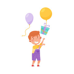 Joyful Boy Character Catching Gift Box with Balloon Vector Illustration