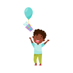 Joyful African American Boy Character Catching Gift Box with Balloon Vector Illustration