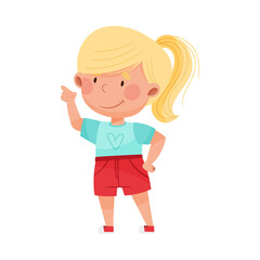 Smiling Girl Character with Blonde Hair Pointing at Something with Her First Finger Vector Illustration