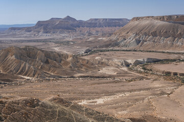 View of Nahal Zin stream bends, a 120 km long intermittent stream, the largest canyon in country, as seen from Sde Boker field school, Negev desert, Israel.
