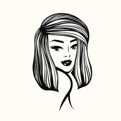 Girl with long, wavy hairstyle and elegant makeup.Beautiful woman portrait.Hair salon and beauty studio illustration.Cosmetics and spa logo.Smiling young lady.Cute face.