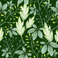 Twigs and leaves seamless pattern in watercolor
