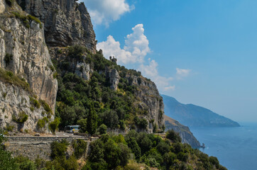 Sea view around the road in the region of the Amalfi Coast, Italy.