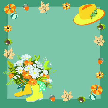 Themed illustration with hat, bouguet and pumpkins